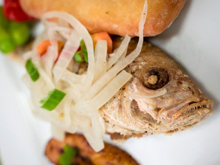 Escovitch Snapper Fish with Festival and Fried Plantain